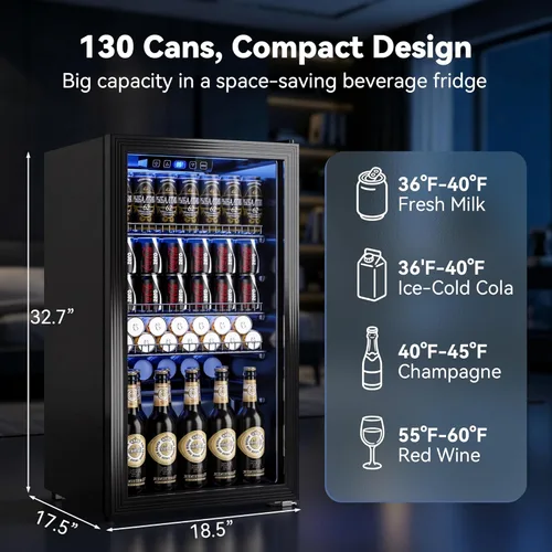 Miniatura 2 de Manastin Refrigerador de bebidas, refrigerador independiente para 120 latas con puerta de vidrio, estantes ajustables y pantalla digital de Negro