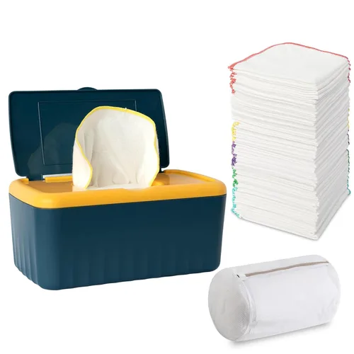 54 paquetes de toallitas reutilizables de franela para bebé con dispensador de toallitas azules, toallitas de tela para bebé amigables con la piel,