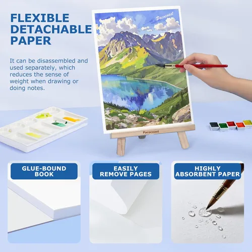 Miniatura 4 de Pacocoast Bloc de papel de acuarela, 9 x 12 pulgadas (300 gsm/140 libras) de prensa en frío, cuaderno de bocetos de color de agua, 20 hojas.