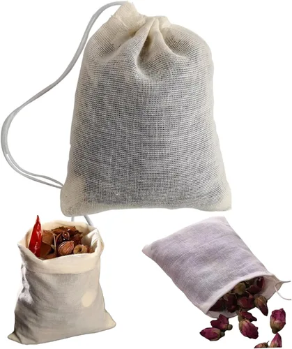 Paquete de 50 bolsas de muselina de algodón natural reutilizables con cordón, bolsas de té reutilizables sin blanquear, bolsas de especias para