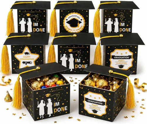 Kliuytb Cajas de dulces con tapa de graduación 2026, decoraciones de fiesta de graduación de oro negro, cajas de recuerdo de fiesta de graduación,