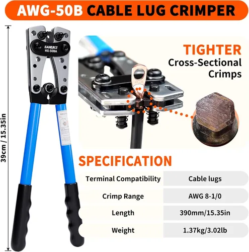 Miniatura 2 de Sanuke Kit de herramientas de crimpado de cables de batería con cortador de cables, engarzadora de alambre de cobre para AWG 8-1/0, 12 terminales