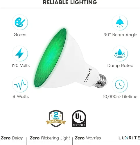Miniatura 7 de LUXRITE Bombilla LED PAR38 verde de inundación, 8 W (equivalente a 45 W), bombilla LED verde de inundación, clasificación húmeda, certificación UL