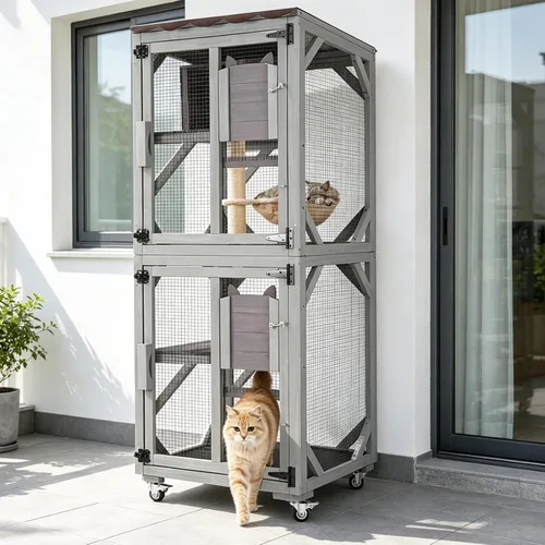 Aivituvin Catio - Caja para gatos con ruedas, casa para gatos al aire libre con techo resistente a la intemperie, 3 plataformas, jaula portátil para