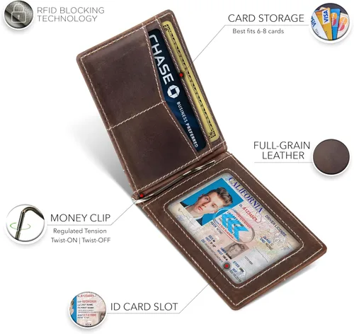 Miniatura 40 de Serman Brand RFID billetera de bloqueo Slim Bifold – cuero genuino minimalista bolsillo frontal carteras para hombres con clip para dinero, cartera