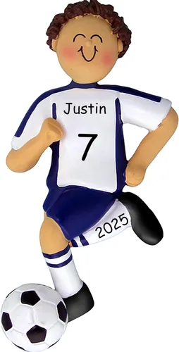 Miniatura 9 de Adorno de Navidad personalizado de fútbol, uniforme blanco y negro, niña, cabello rubio, bola de regate, resina pintada a mano, 4.5 pulgadas