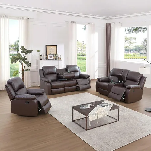 Miniatura 9 de Juego de sofá reclinable manual, muebles de cuero regenerado para sala de estar, sofás reclinables de cuero con portavasos, consola