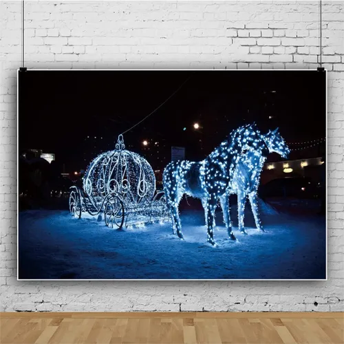 Miniatura 2 de Yeele Fondo de fotografía de carruaje de calabaza de 12 x 8 pies, luces de ensueño, caballos, noche de nieve, fondo fotográfico para princesa