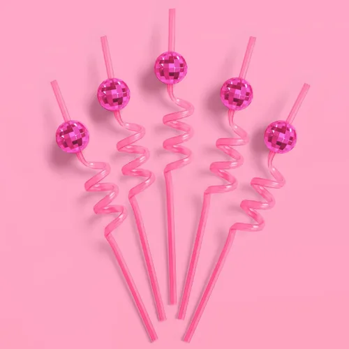 xo, Fetti Juego de pajitas espirales de bola de discoteca rosa, 12 piezas, decoraciones de fiesta de cumpleaños, regalo de fiesta de club de poni