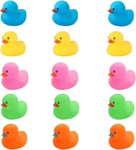 Juguetes de pato de baño, 15 piezas de coloridos mini patos de goma chirriantes y flotadores, juguete para baby shower, decoración de fiesta para