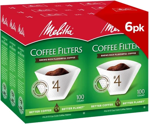 Melitta Filtros de café con cono #4, color blanco, 100 unidades (paquete de 6), 600 filtros en total, se adapta a todas las cafeteras de cono de 8 a