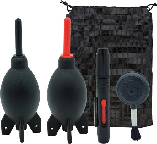 El kit de limpieza de lentes contiene 2 piezas de soplador de aire de cohete de goma, bolígrafo de limpieza de lentes, cepillo de soplador limpiador