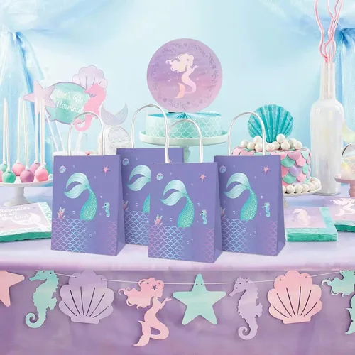 Miniatura 6 de YOMINY Bolsas de fiesta de sirena, 12 paquetes de bolsas de papel de regalo de sirena y bolsas de papel para fiesta temática de sirena, suministros