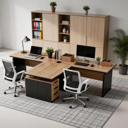 Miniatura 10 de Escritorio ejecutivo en forma de L de 63 pulgadas, escritorio industrial moderno de oficina de madera con cajones de bloqueo, gestión de cables