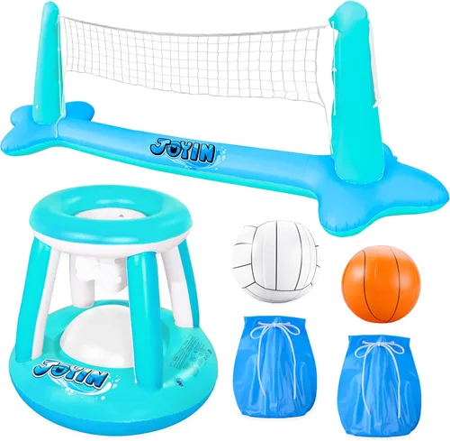 Miniatura 16 de JOYIN Juego de flotador de piscina inflable con red de voleibol y aros de baloncesto; bolas incluidas para niños y adultos, juego de piscina