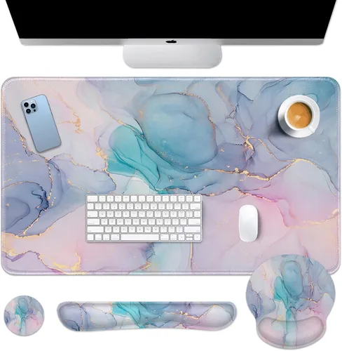Miniatura 24 de Britimes Blue Sea - Juego de Alfombrilla de Teclado y Mouse Playa de Arena Rosa 4 en 1 Alfombrilla Grande + Reposamuñecas para Teclado +