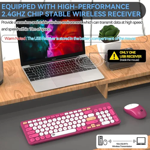 Miniatura 2 de FD Combo de Teclado y Mouse Inalámbricos - USB Inalámbrico de 2.4GHz, Lindo Teclado Inalámbrico con Teclas Redondas, Conjunto Silencioso y Delgado