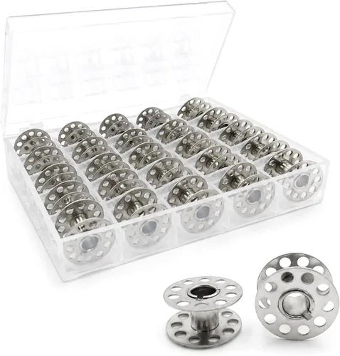 BIDEX 25 bobinas de metal para máquina de coser con caja de almacenamiento, bobinas de clase 15 compatibles con Singer, Brother, Kenmore, Bernina,