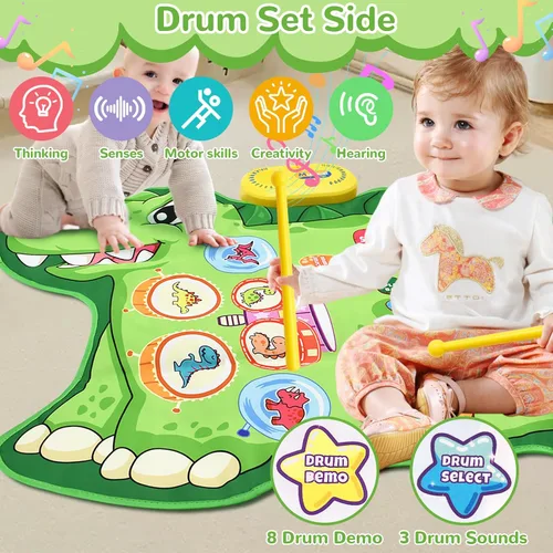 Miniatura 5 de Cyiecw Tapete musical de dinosaurio 3 en 1, tapete de piano para jugar, regalo para niñas de 1, 2 y 3 años, juguetes sensoriales de aprendizaje