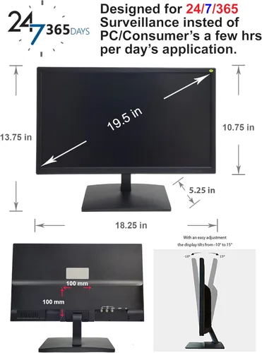 Miniatura 8 de 1stPV 19.5" Super HD 5MP/2592×1944 HD-TVI, AHD, CVI y CVBS 16:9 Monitor de seguridad profesional, 1 HDMI, 2 entradas BNC y 1 salidas, funciona
