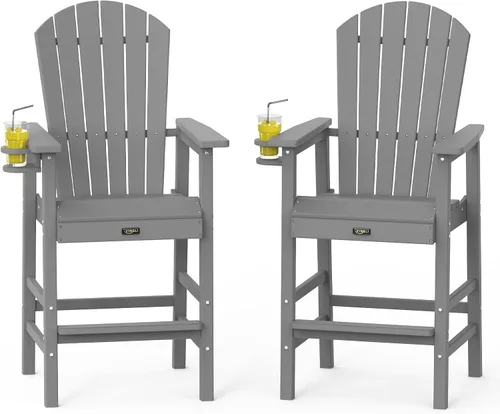 Miniatura 9 de VINGLI Silla Adirondack alta, silla Adirondack de plástico para todo tipo de clima con portavasos, taburetes de bar resistentes para exteriores, Azul