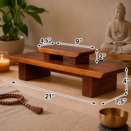 Miniatura 3 de Mesa de altar de meditación – Santuario Puja escalonado hecho a mano de 21 x 7.5 x 6 pulgadas – Mesas pequeñas para relajación, oración – Meditación