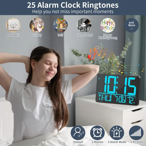 Miniatura 2 de PERSUPER Reloj de pared digital de 13 pulgadas con control remoto, 25 tonos de llamada, temperatura, calendario, 0-100% brillo automático