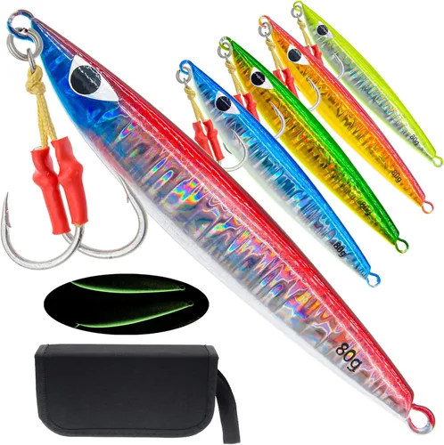 Miniatura 8 de 5 piezas de plantillas de pesca de agua salada, señuelos de pesca verticales de tono lento de metal con ganchos de asistencia, anzuelos de pesca
