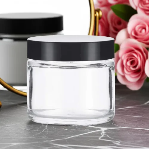 Miniatura 4 de JUVITUS Paquete de 6 tarros de vidrio grueso transparente de 2 onzas / 2.0 fl oz con tapas negras, hermético, a prueba de olores