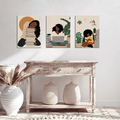 Miniatura 4 de Arte de pared bohemio afroamericano, decoración de pared de mujer negra, impresión en lienzo de niña negra, arte de lectura para mujer, decoración