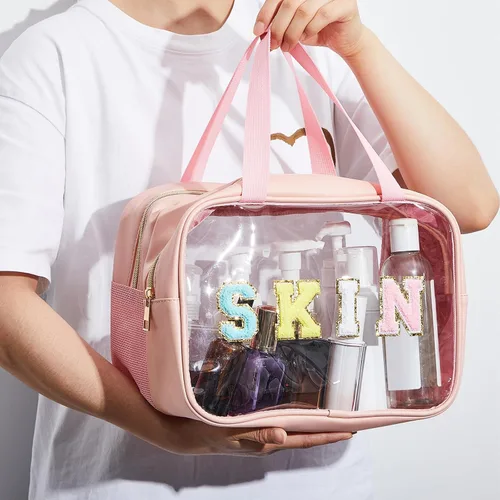 Miniatura 5 de Geetery Bolsa de maquillaje transparente de doble capa con parche de letras grandes de chenilla, con asa práctica, organizador de cosméticos