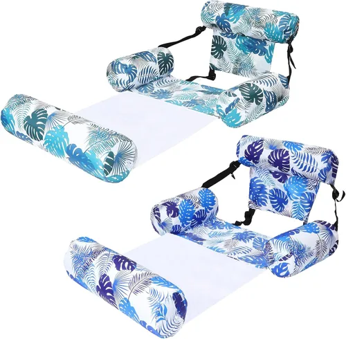 Miniatura 7 de Paquete de 2 flotadores inflables 2 en 1 para piscina con reposabrazos, tumbonas flotantes de tela para piscina, fideos para adultos, silla flotante