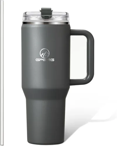 Miniatura 15 de Gpeng 30/40/50 oz Vaso con asa, botellas de agua con tapa de popote, taza de viaje de acero inoxidable aislada compatible con portavasos, mantiene