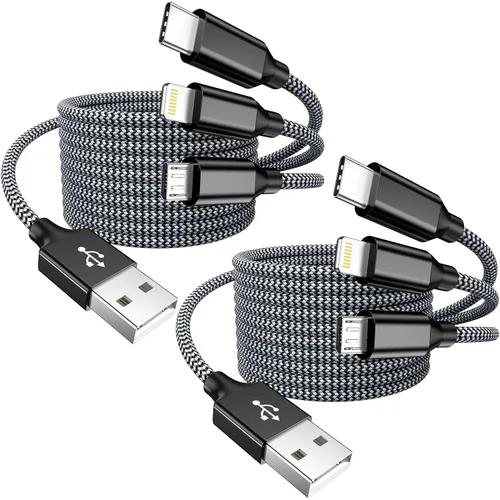 Cable de Carga Múltiple de 4 pies, Paquete de 2 Cargador USB 3 en 1, Cable Cargador Múltiple para iPhone Trenzado de Nylon Certificado Apple MFi,
