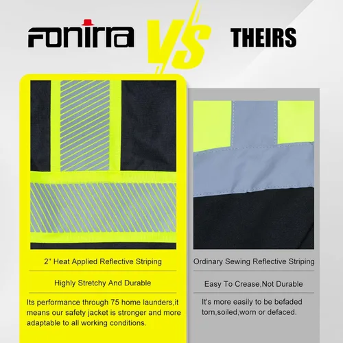 Miniatura 5 de FONIRRA Chaquetas de seguridad de alta visibilidad con forro polar, chaqueta impermeable reflectante ANSI Clase 3 para hombre Negro