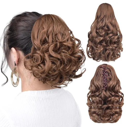 Miniatura 10 de Extensión de cola de caballo negra con clip de garra, ondulada, 10 pulgadas, 3.5 onzas, sintético, como verdaderos, postizos, para mujer, Yaki