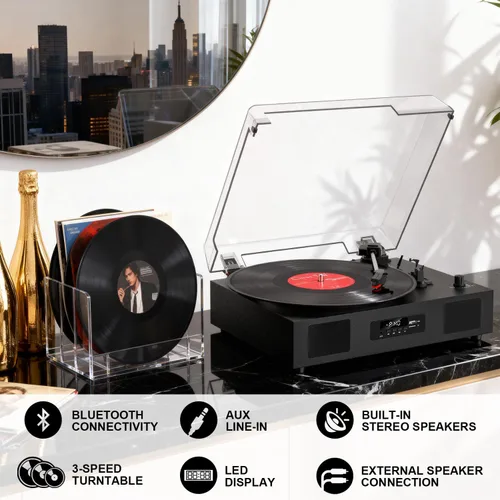 Miniatura 2 de Tocadiscos de vinilo Bluetooth con dos altavoces incorporados, grabación USB, transmisión por correa, 3 velocidades, tocadiscos para discos de Negro