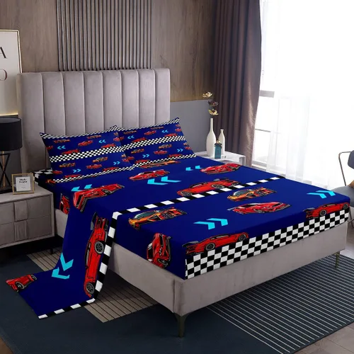 Miniatura 18 de Juego de sábanas para cama de coche de bomberos, juego de sábanas de coche de policía con bolsillo profundo, sábana bajera ajustable para decoración
