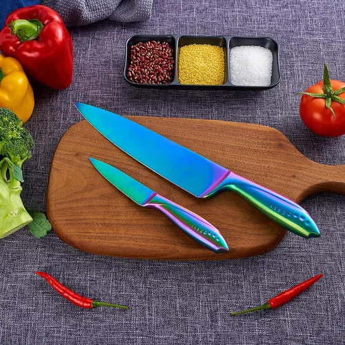 Miniatura 4 de WELLSTAR Juego de 2 cuchillos de chef, hoja de acero inoxidable alemán afilada y mango ergonómico cómodo con revestimiento de titanio arcoíris, chef