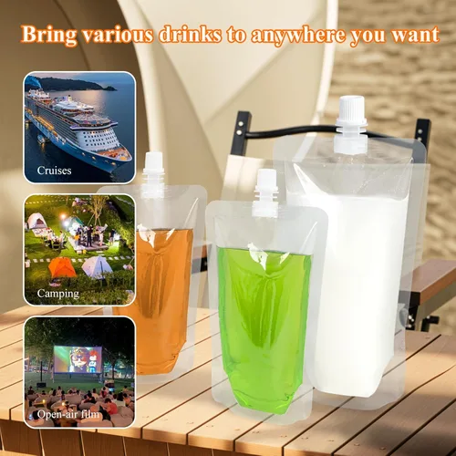 Miniatura 5 de 100 bolsas de bebida de 8 onzas, botella de plástico reutilizable con embudo para beber jugo de bebidas líquidas, bolsas de bebidas de pie para 8OZ