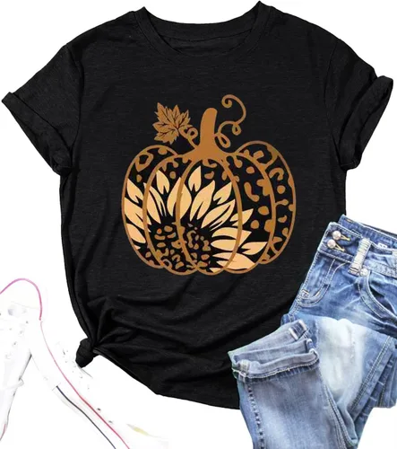 Miniatura 7 de Woffccrd - Camisetas divertidas con estampado de calabaza y leopardo para mujer, camisetas gráficas de manga corta de Halloween para mujer