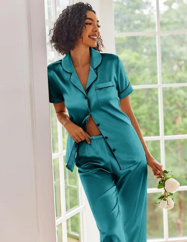 Miniatura 3 de Ekouaer Conjunto de pijama de satén de seda para mujer, ropa de dormir de manga corta, suave y con botones