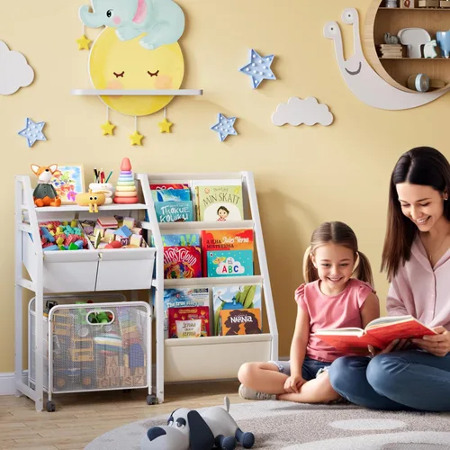 Miniatura 6 de Estantería para niños y organizador de almacenamiento de juguetes, estante de 3 niveles para habitaciones de niños con cajón móvil, estantería