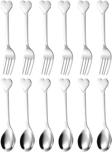 Juego de 12 tenedores y cucharas de acero inoxidable en forma de corazón para postres, aperitivos de frutas y fiestas, cubiertos aptos para
