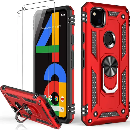 Miniatura 45 de LUMARKE Funda para Google Pixel 5 con protector de pantalla, pasa 16 pies, probada en caídas, grado militar, con soporte de anillo magnético, Rojo
