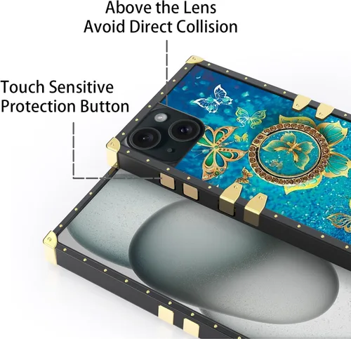 Miniatura 5 de nancheng Funda para iPhone 15, diseño de flor de mariposa azul, TPU suave, a prueba de golpes, con soporte de anillo y cordón a juego, elegante