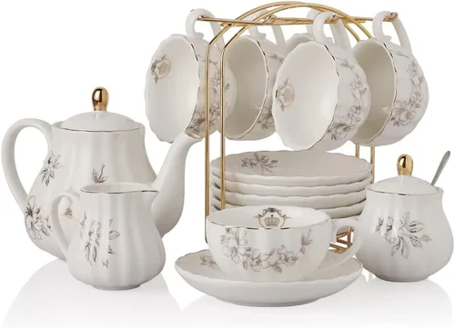 Miniatura 8 de Sweejar Juegos de Té de Porcelana Serie British Royal, Tazas y Platillos de 8 OZ para Servicio de 6, con Tetera Azucarero Jarra de Crema Cucharitas