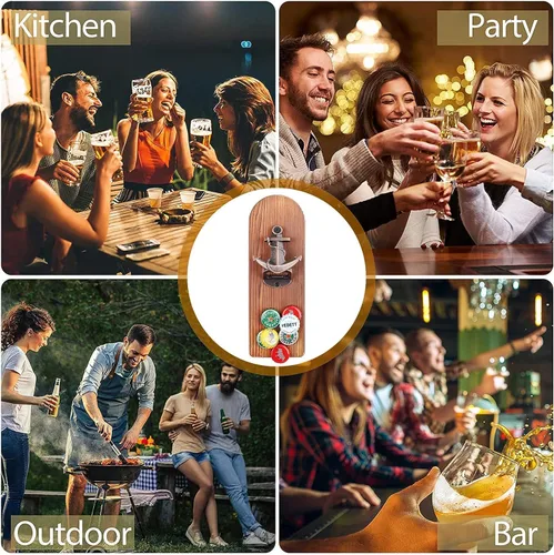 Miniatura 6 de Abrebotellas de cerveza montado en la pared con receptor de tapa magnética, abrebotellas magnético de madera para refrigerador, regalos de cerveza