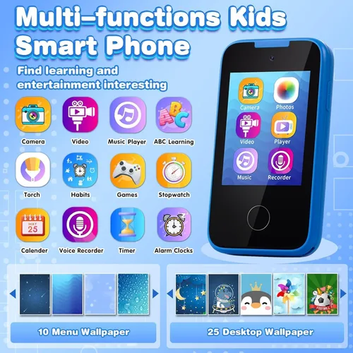 Miniatura 2 de Relojes de teléfono para niños y juguetes para niños de 3 a 8 años, teléfono de juguete con cámara doble, reproductor de música MP3, juegos, Azul