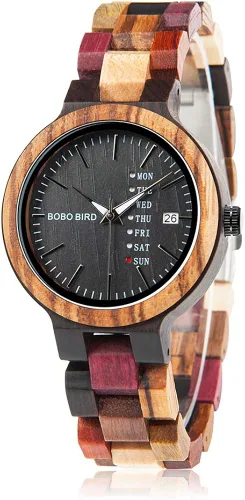 BOBO BIRD Wood Watches Colorful Wood WristWatches Week & Date Display Multifunction Handmade Quartz Watch Sport Chronograph Unique Wristwatch for